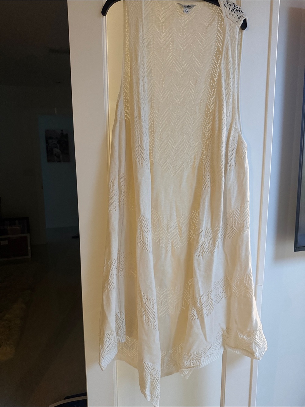 Women's Cream Openwork Knit Long Cardigan Vest